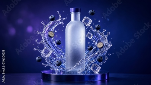 A white glass bottle with a dark cap is surrounded by a dynamic splash of water, blueberries, and ice cubes on a purple base against a dark background.