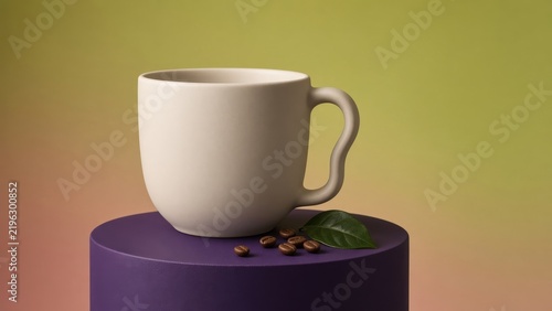 White ceramic cup placed on a purple cylindrical pedestal with scattered coffee beans and a green leaf.