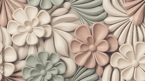Abstract floral background with soft pastel colored 3d flower patterns and leaves