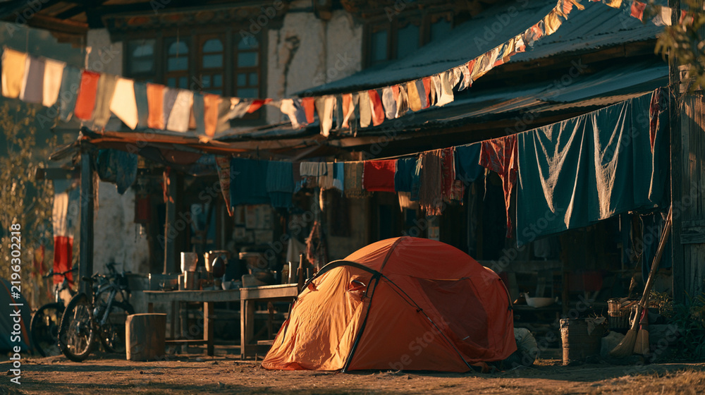 Obraz premium A vibrant camping scene featuring an orange tent set against a backdrop of colorful flags and rustic surroundings, capturing the essence of adventure and exploration in nature.