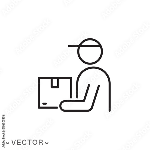 man holding delivery box icon, courier service, home delivery, package shipping, parcel handling and logistics concept. thin line symbol isolated on white background, editable stroke eps 10 vector