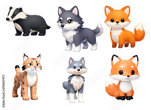 Sticker sheet featuring forest animals on a transparent background, 3D rendering, collection.