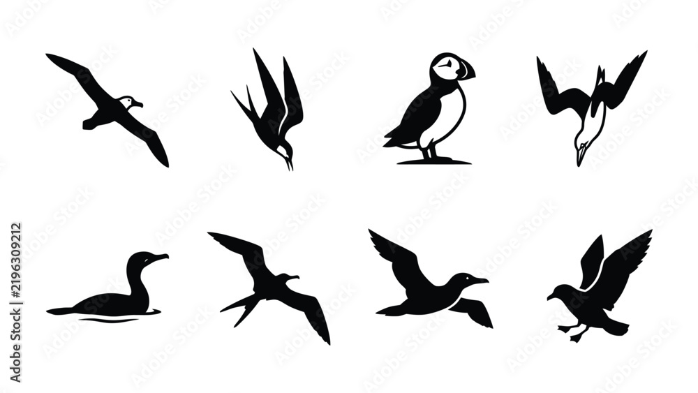 Fototapeta premium Silhouette Collection of Seabirds: A graphic set of diverse seabird silhouettes, including a puffin, albatross, cormorant, and gulls in various poses.