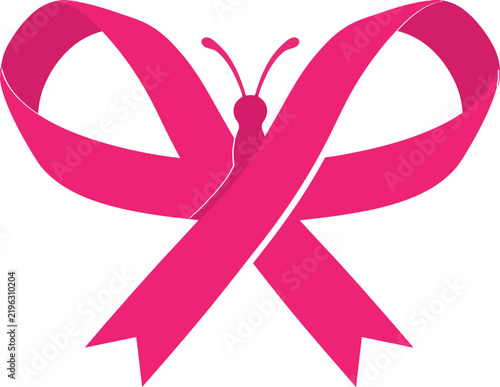Pink ribbon butterfly shape symbol for breast cancer awareness month, isolated on a plain white background