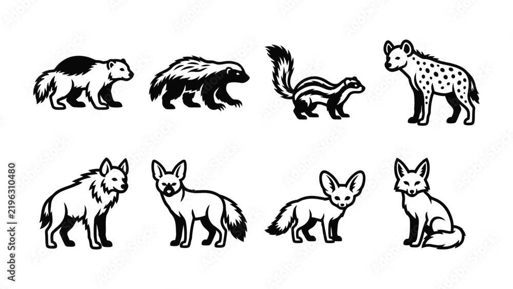 Fototapeta premium Collection of Diverse Wild Animals: An illustration featuring a variety of wild animals, including a badger, wolverine, skunk, hyena, wolf, fennec fox, and another fox.