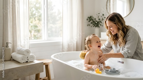Mother washing happy toddler with sponge in a bright modern bathroom