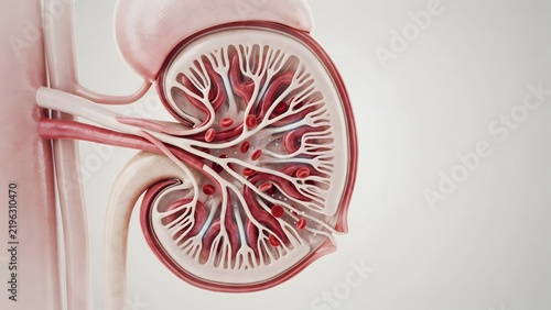 Detailed illustration of human kidney anatomy with blood vessels and internal structure