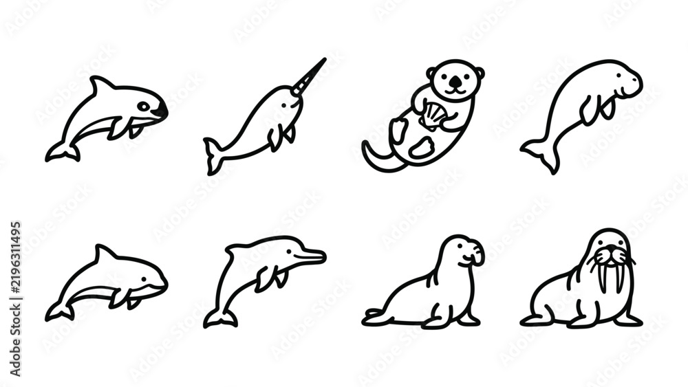 Fototapeta premium Ocean Mammal Icons: A collection of stylized black and white icons depicting various marine mammals such as dolphins, a narwhal, a seal, a manatee, an otter, and a walrus.