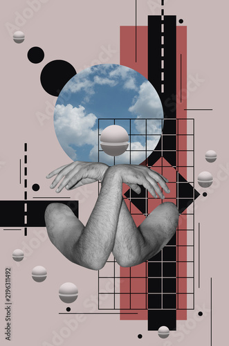 Collage art in surrealism style with a two crossed male arms