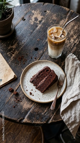 Chocolate cake and iced coffee on rustic wooden table