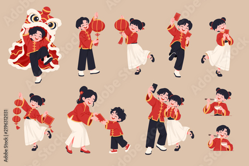 Flat Vector Kids Celebrating Chinese New Year Festival Activities