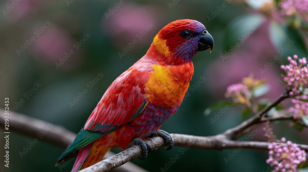 Obraz premium colorful pink and orange parrot perched on branch representing exotic bird wildlife nature and tropical beauty concept design