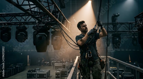 Stage technician working on lighting rig cables in a dark concert hall