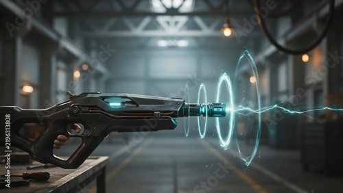 Futuristic Ray Gun in a High-Tech Factory Environment with Electric Wave Effects