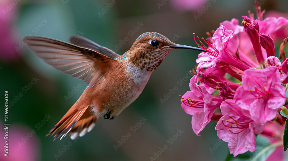 Fototapeta premium colorful hummingbird feeding on pink blossoms representing wildlife nature spring garden and bird photography concept design