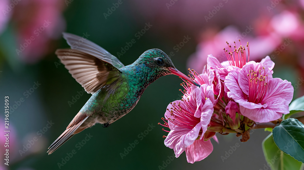 Fototapeta premium beautiful hummingbird hovering near pink flowers feeding on nectar representing wildlife nature beauty spring garden and bird photography concept