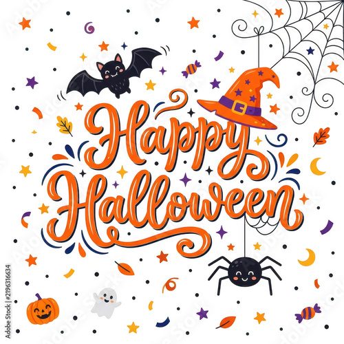 Happy halloween greeting card with pumpkins, bats, and spiders isolated on transparent background