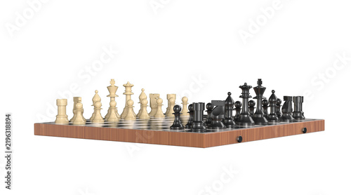 Chess pieces on the board in the starting position. Isolated. Transparent background. 3D Rendering.	