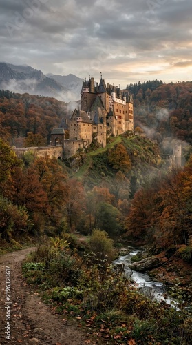 Eltz Castle in autumn forest landscape with stream