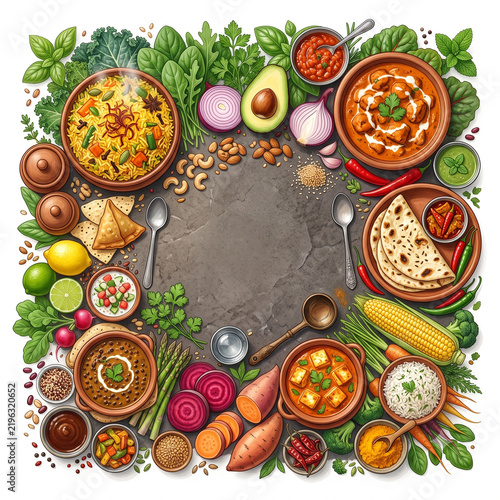 Traditional Indian Food Feast Top View Illustration