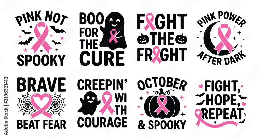 Fototapeta premium A collection of inspirational breast cancer awareness vector designs featuring spooky halloween themes and motivational quotes for shirts and holiday projects