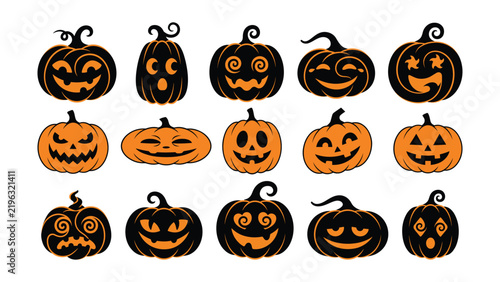 Halloween pumpkin face clipart with bold carved expressions for spooky autumn parties, crafts, stickers and seasonal decor