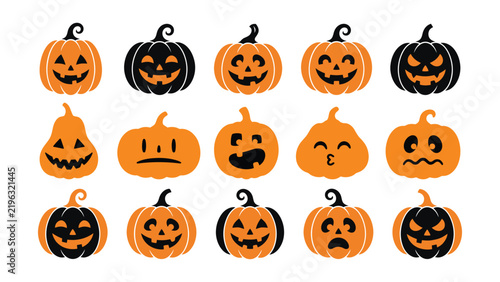 Halloween jack-o-lantern pumpkin clipart with playful and scary carved faces for fall parties, crafts, stickers and decor