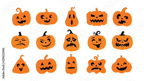 Cute Halloween pumpkin face clipart with playful expressions for fall celebrations, kids crafts, stickers and party decor