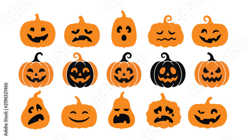 Funny Halloween pumpkin face clipart with cute and spooky expressions for autumn parties, kids crafts, stickers and apparel