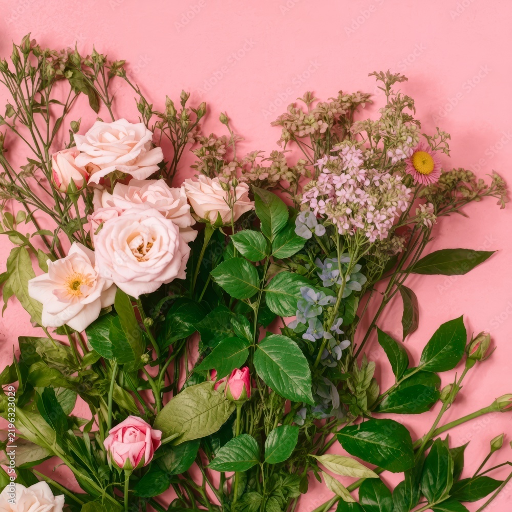 Fototapeta premium Pink roses and wildflowers spill across soft pink background