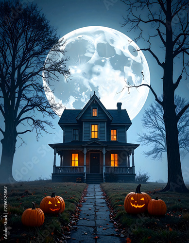Spooky Haunted House at Night with Glowing Jack-o'-Lanterns and Giant Full Moon
