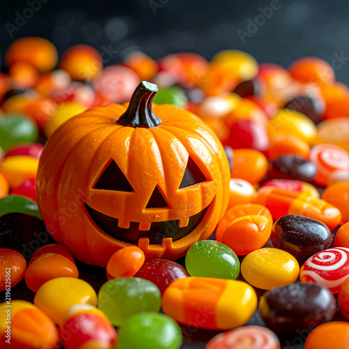 Halloween Jack O Lantern Pumpkin Surrounded by Colorful Assorted Candies and Sweets