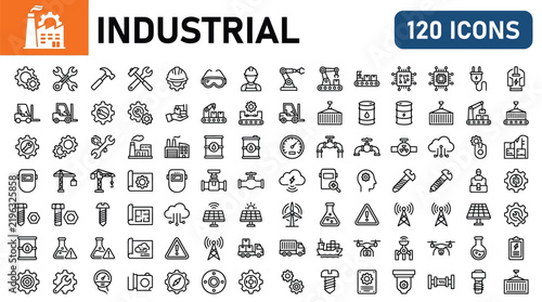 Industrial vector graphic set featuring extensive collection of outline icons for modern engineering and manufacturing design