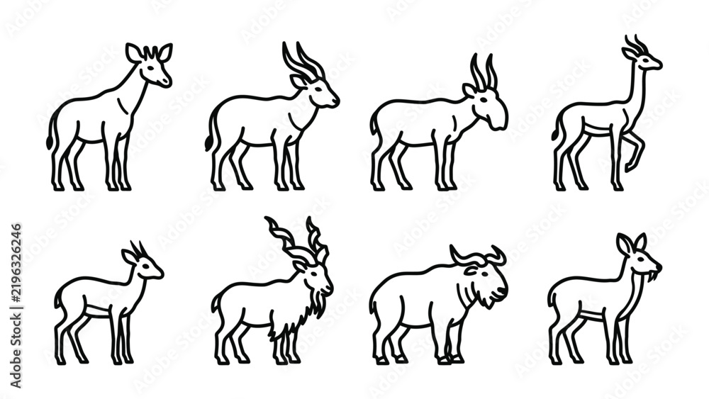 Fototapeta premium Diverse Antelope Collection: A collection of eight distinct antelope species depicted in a minimalist line art style, showcasing a variety of horns, body shapes, and postures.