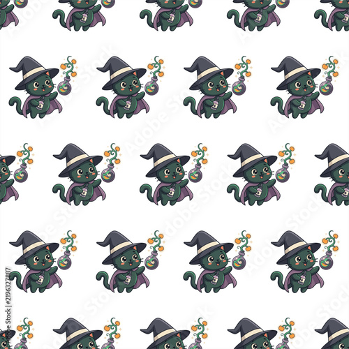 Cute Halloween Black Cat Witch Seamless Pattern Background