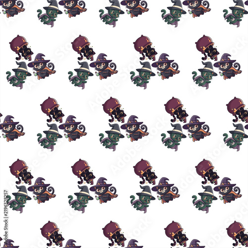 Seamless Pattern of Cute Halloween Kittens in Witch Hats