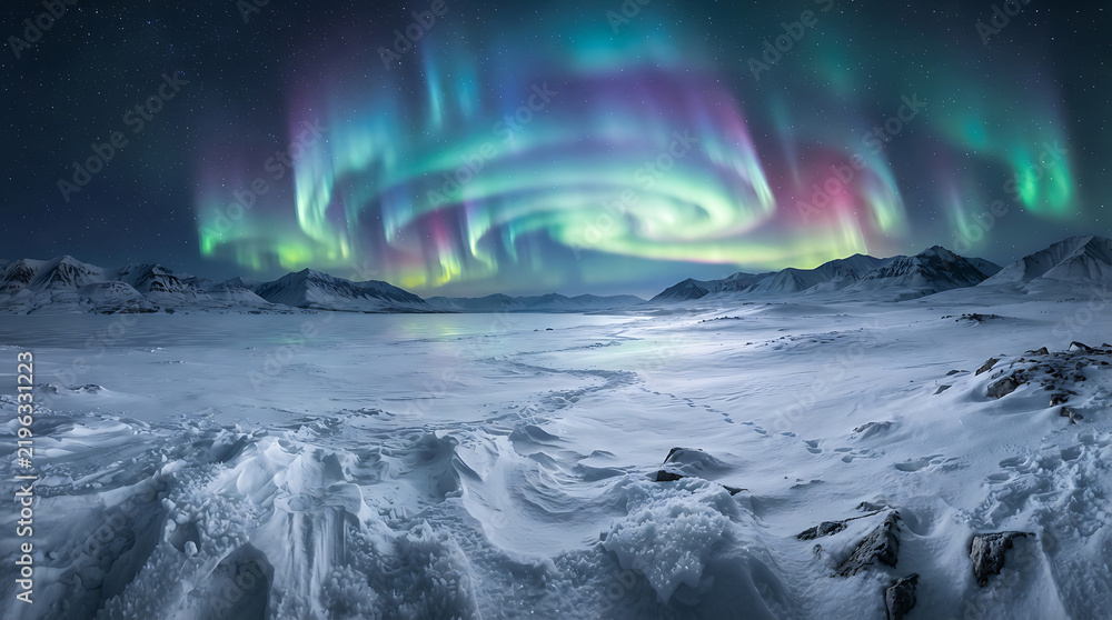 Fototapeta premium Majestic aurora borealis swirling over frozen arctic tundra landscape under starry night sky with snowy mountains.