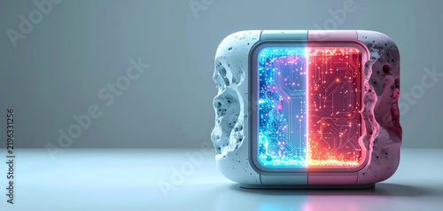 Futuristic dual processor microchip display unit with neon glowing cyan and pink circuit board node networks set inside a white porous stone casing over a neutral studio backplate background.