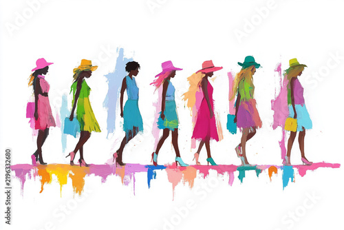 Colorful watercolor illustration of stylish women walking on a runway