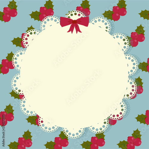 Christmas Frame with Red Berries, Holly and Decorative Lace Border