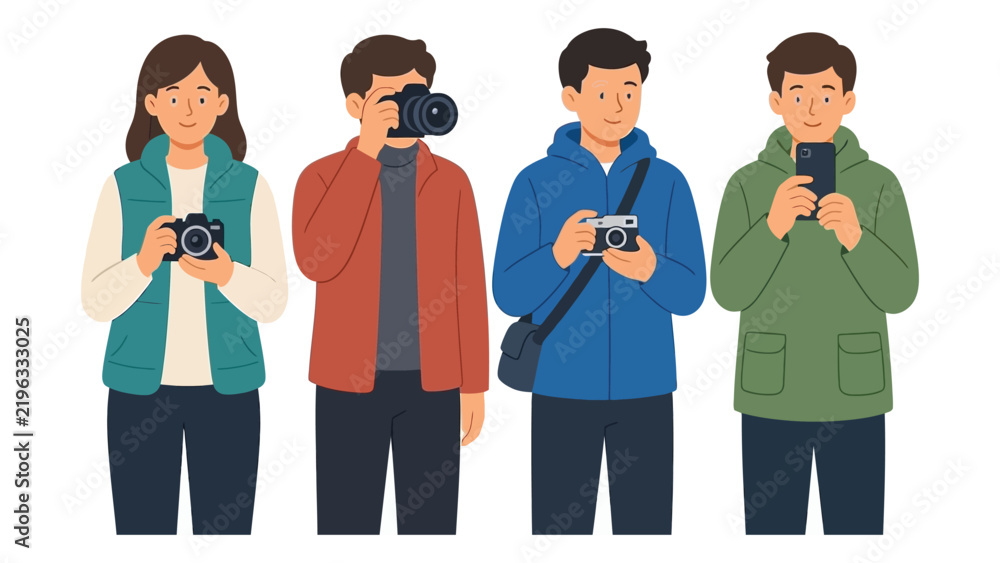 Fototapeta premium Four People Using Cameras and Smartphones Outdoors