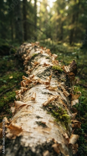 Fallen tree log in a green forest