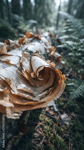 Peeling birch bark on fallen tree in forest