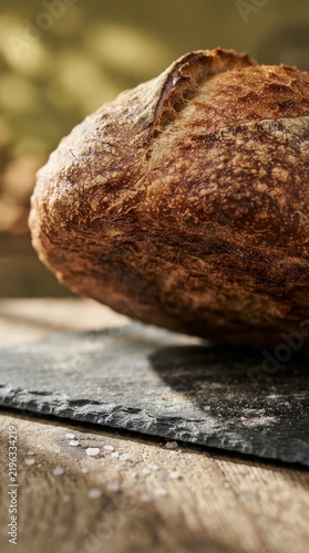 Fresh artisan bread loaf on a slate plate