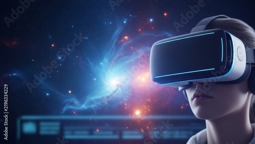Woman wearing virtual reality headset exploring a futuristic digital space with glowing stars and cosmic nebula