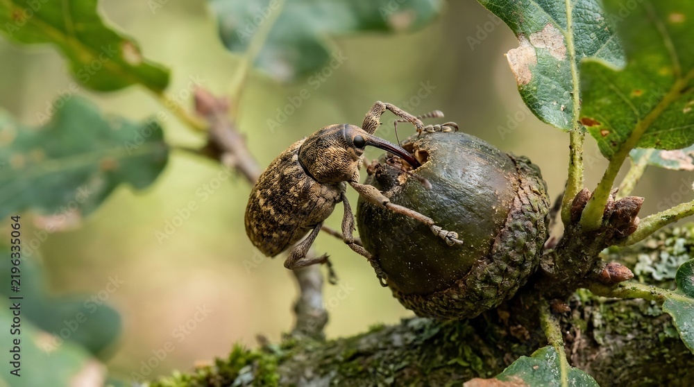 Fototapeta premium Macro shot of a weevil insect boring into a green acorn on a tree branch