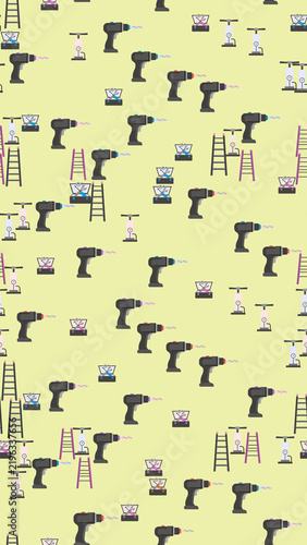 Bild auf Leinwand Tools Pattern with Drills, Ladders, and Toolboxes