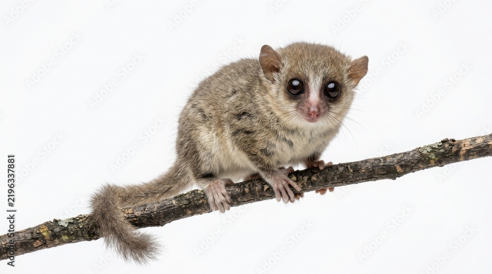 Fototapeta premium Small mouse lemur sitting on a thin branch isolated on white background with small animal wild animal cute animal exotic pet small mammal animal life looking at camera rare species