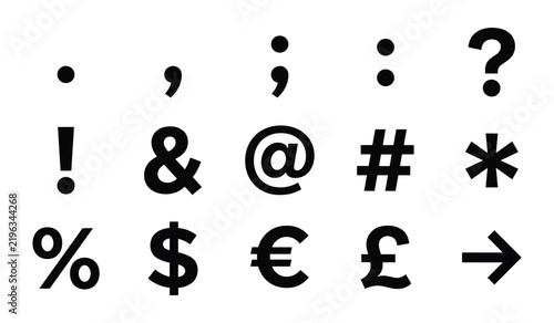 Collection of punctuation marks and symbols including dots, commas, question marks, and currency signs