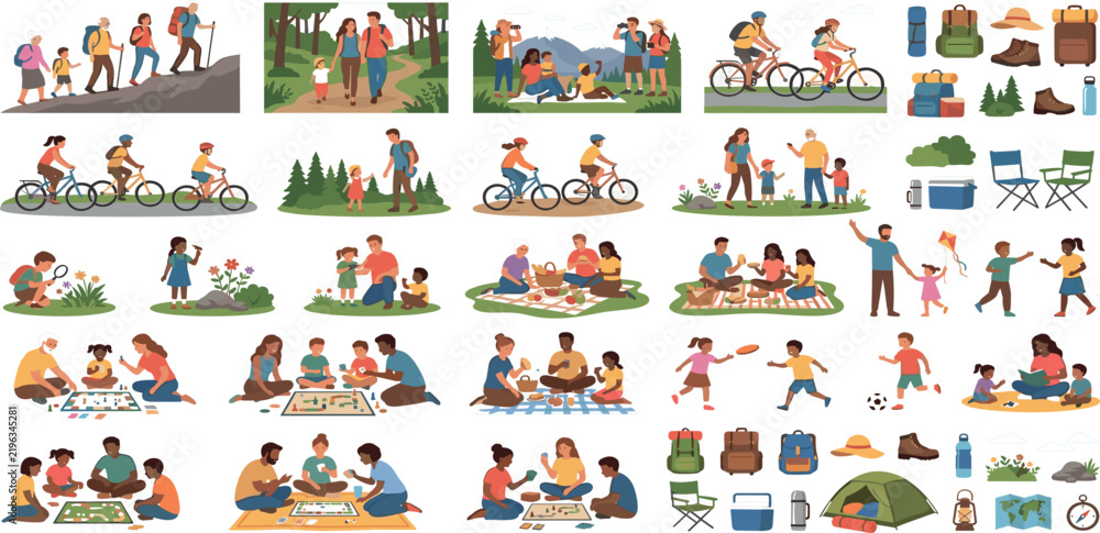 Naklejka premium Outdoor family vacation clip art bundle with camping gear and hiking illustrations